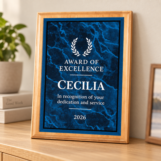 Blue marble acrylic plate on genuine cherry plaque with sample Cecilia engraving