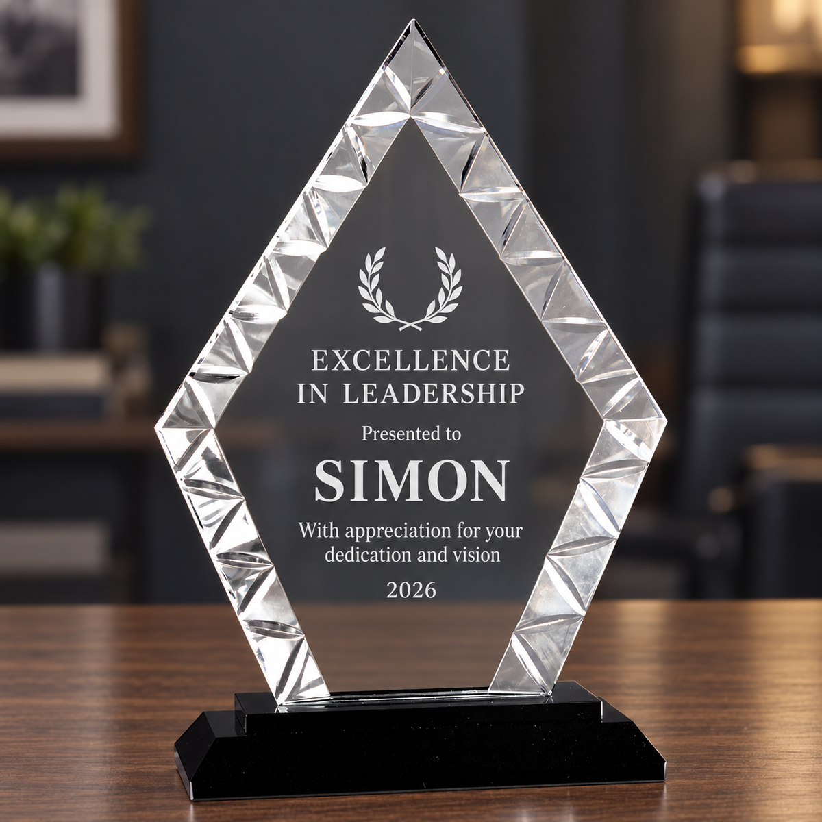 A diamond-shaped clear acrylic award trophy with laser-engraved text on a black rectangular base, displayed on a wooden table with a blurred office background.