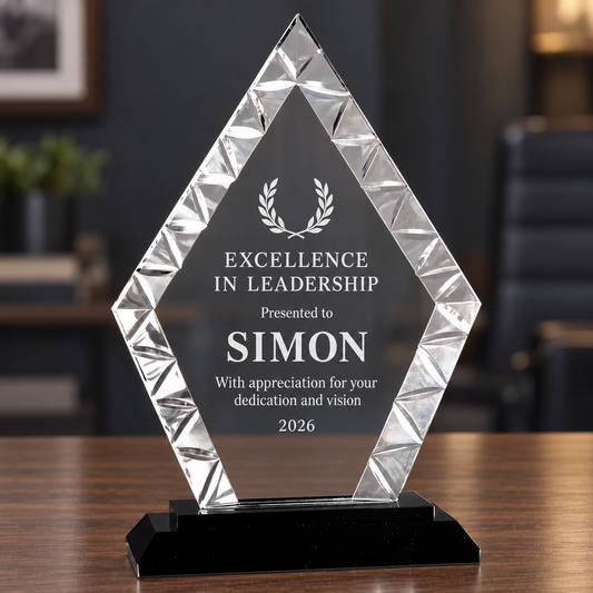 A diamond-shaped clear acrylic award trophy with laser-engraved text on a black rectangular base, displayed on a wooden table with a blurred office background.