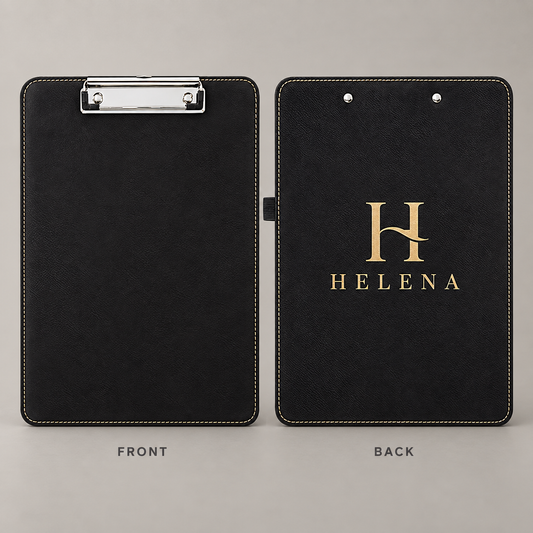 Front and back of Black/Gold leatherette clipboard with silver clip, stitched edges and gold HELENA monogram on back.