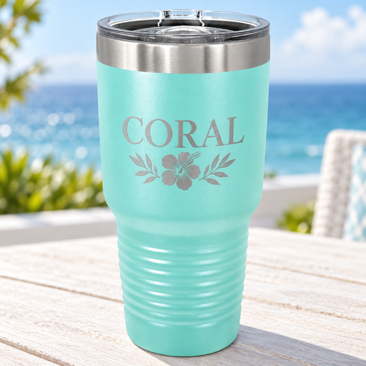 Teal 30 oz ringneck tumbler with silver CORAL floral engraving and clear slider lid.