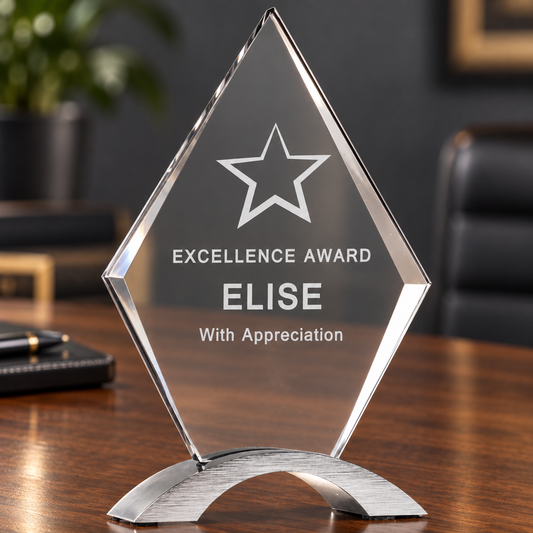 Diamond shaped Clear excellence award with "Elise" engraving
