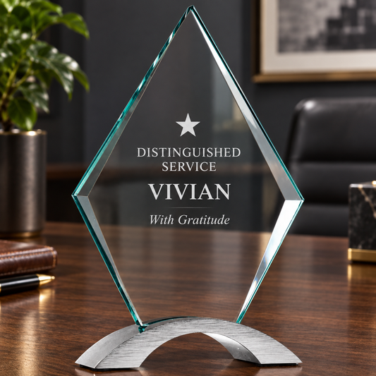 Personalized diamond-shaped glass award plaque on a silver metal base, engraved with 'Distinguished Service VIVIAN With Gratitude', displayed on a wooden desk in an office setting.
