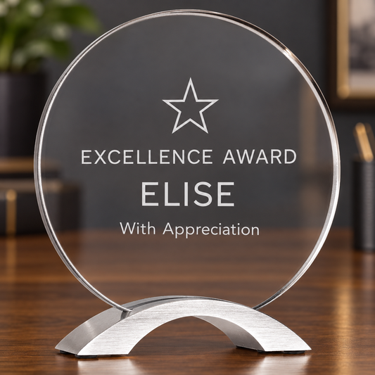Round Clear excellence award with "Elise" engrave. 