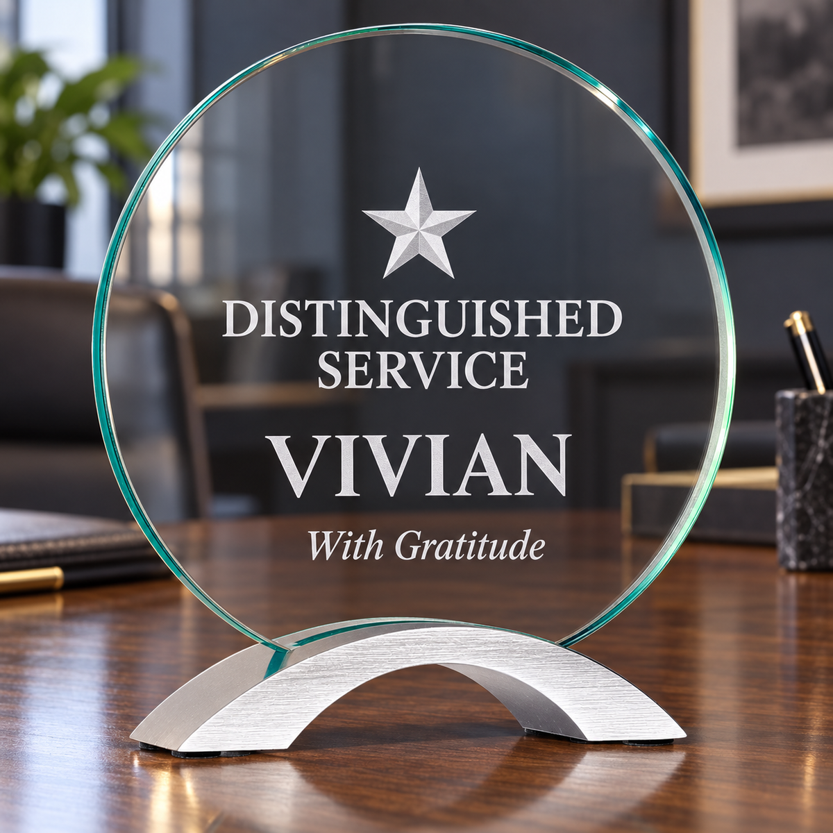 A personalized clear acrylic award plaque with a brushed silver base, standing on a wooden desk. The circular clear glass disc features a silver star and the engraved text 'DISTINGUISHED SERVICE VIVIAN With Gratitude'.