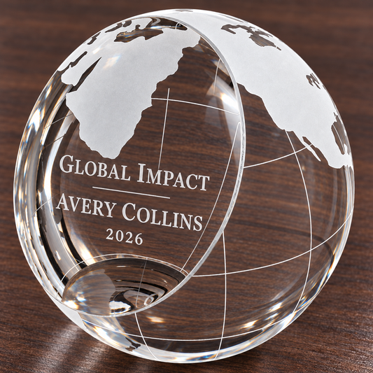 Personalized clear crystal globe paperweight with frosted recognition engraving