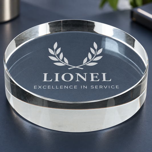 Personalized Crystal Geometric Paperweight Award — Round, slight bevel — 3 1/8" diameter × 3/4" thick — optimized product photo
