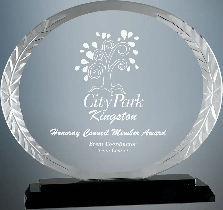 Custom Engraved Glass Award - 7" Oval Accent on Black Base - Smalltown Connetchin