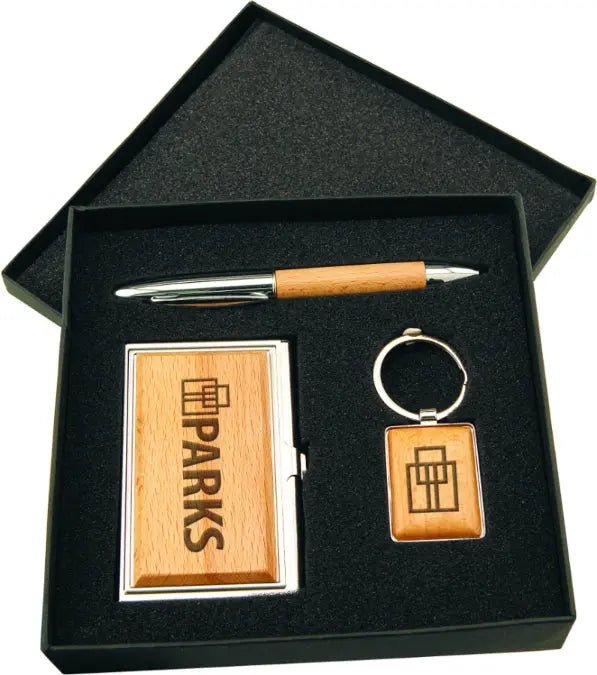 Custom Etched Gift Set with Business Card Case, Pen & Keychain - Silver/Wood Finish - Smalltown Connetchin