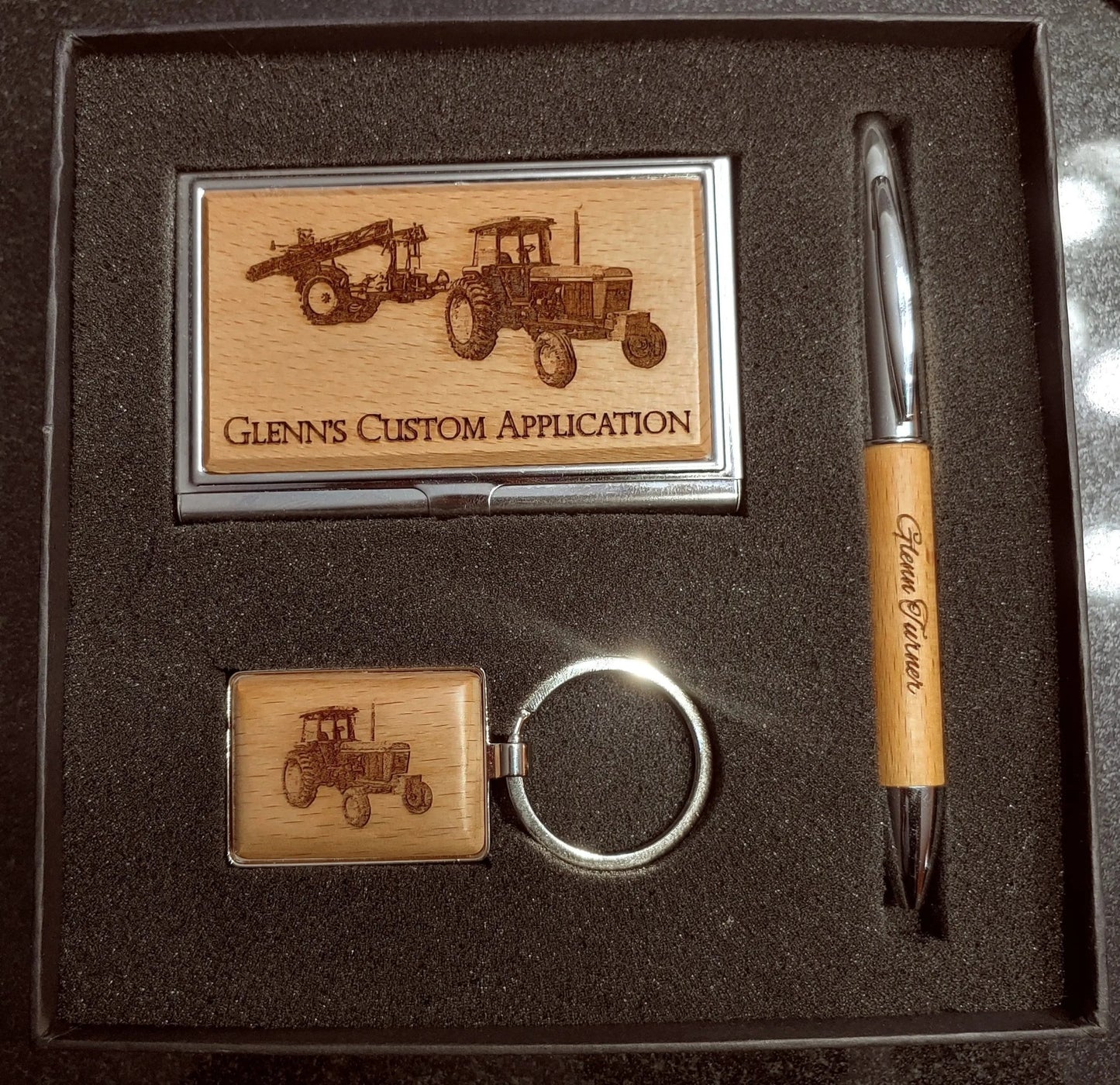 Custom Etched Gift Set with Business Card Case, Pen & Keychain - Silver/Wood Finish - Smalltown Connetchin