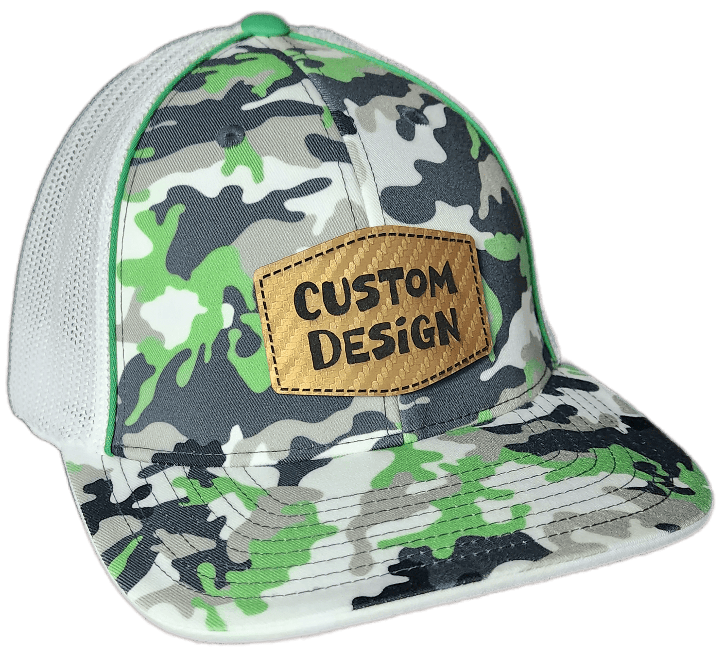 Custom Patch - Pacific Headwear Glamo Mesh Flex Fit Trucker Cap - GREEN/WHITE/BLACK/CAMO - Smalltown Connetchin
