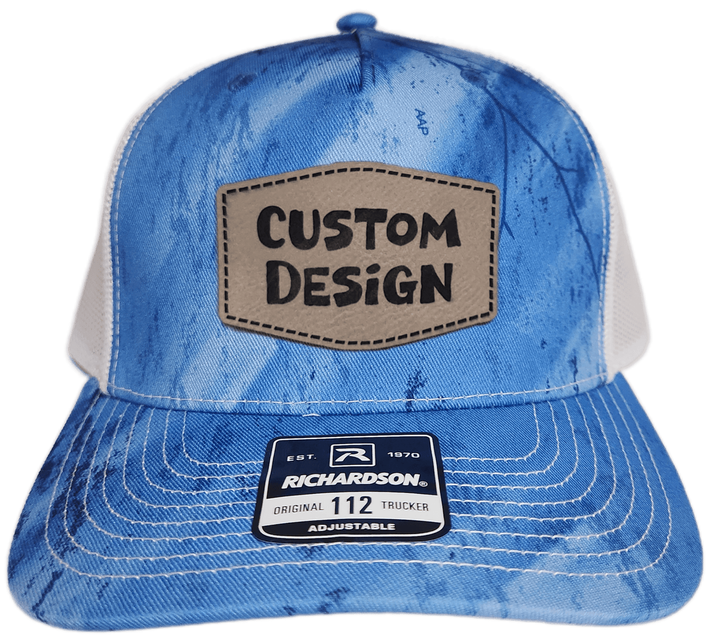 Custom Patch - Richardson 112PFP Printed Five Panel Snapback - REALTREE FISHING LIGHT BLUE/WHITE - Smalltown Connetchin