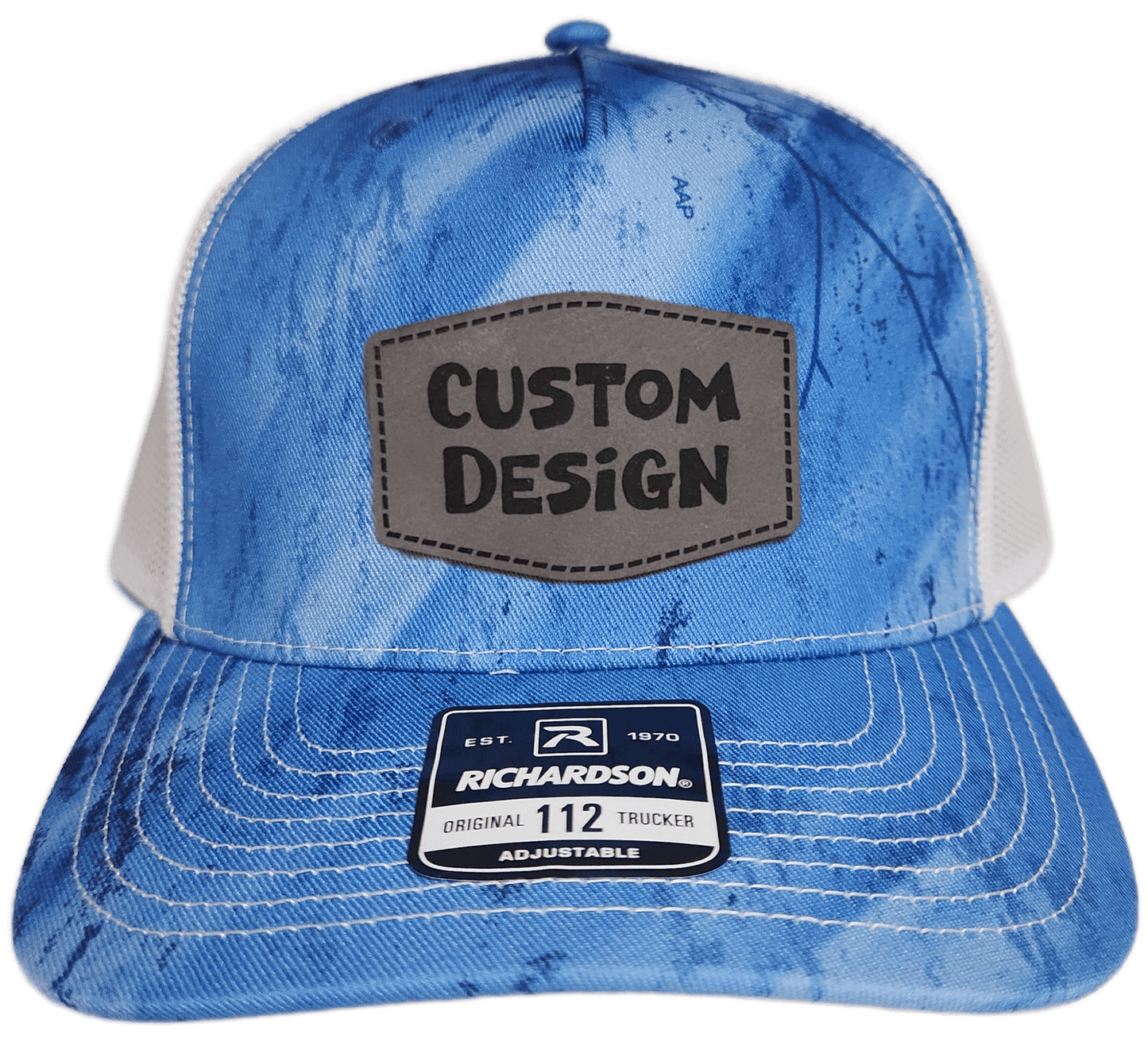 Custom Patch - Richardson 112PFP Printed Five Panel Snapback - REALTREE FISHING LIGHT BLUE/WHITE - Smalltown Connetchin