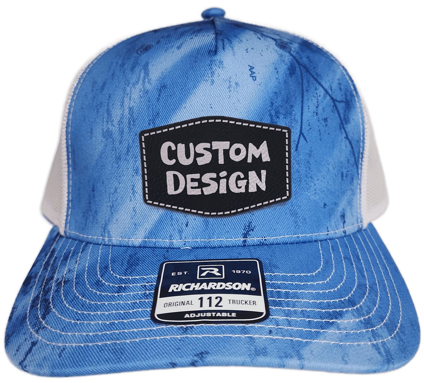 Custom Patch - Richardson 112PFP Printed Five Panel Snapback - REALTREE FISHING LIGHT BLUE/WHITE - Smalltown Connetchin
