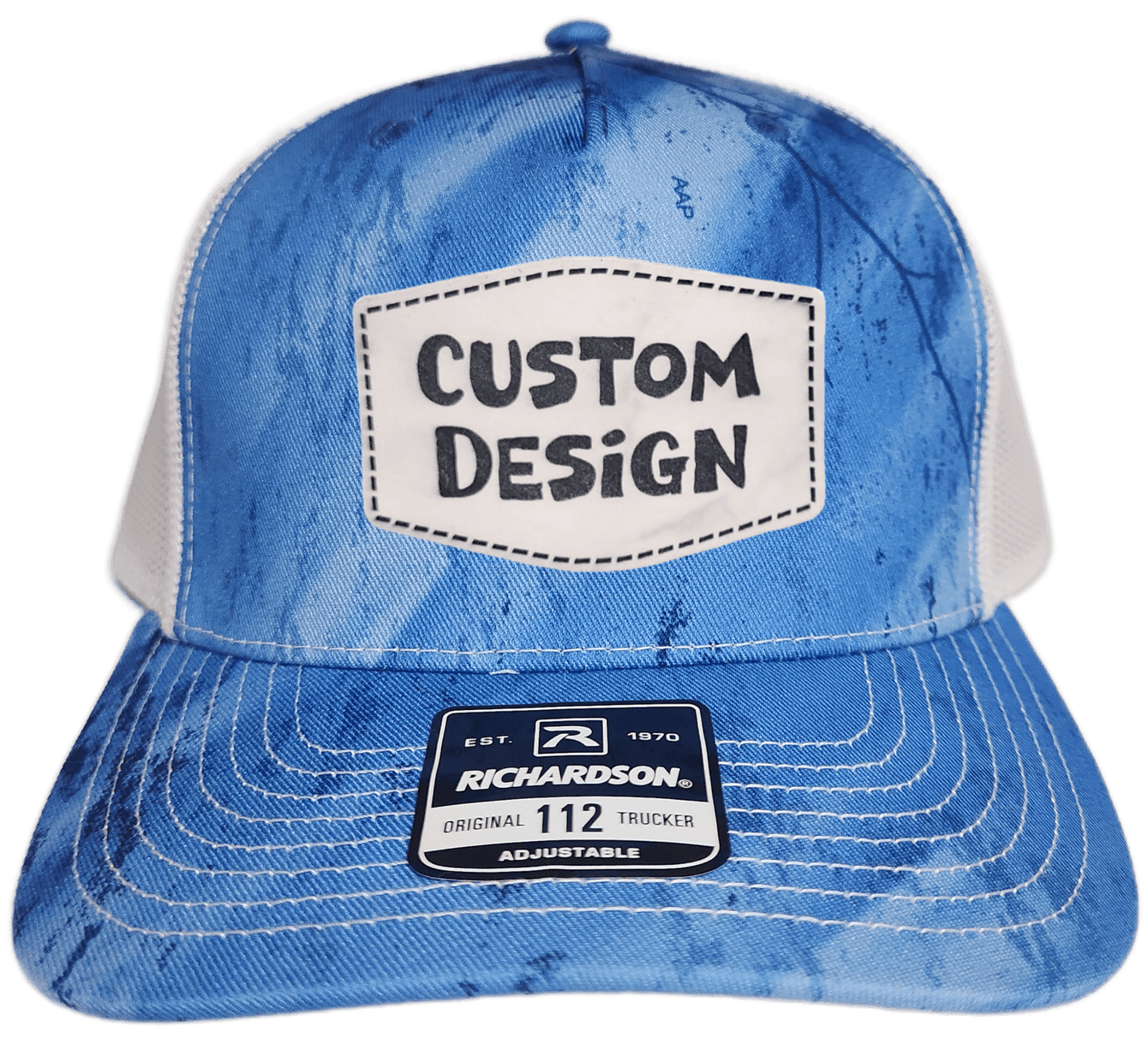 Custom Patch - Richardson 112PFP Printed Five Panel Snapback - REALTREE FISHING LIGHT BLUE/WHITE - Smalltown Connetchin