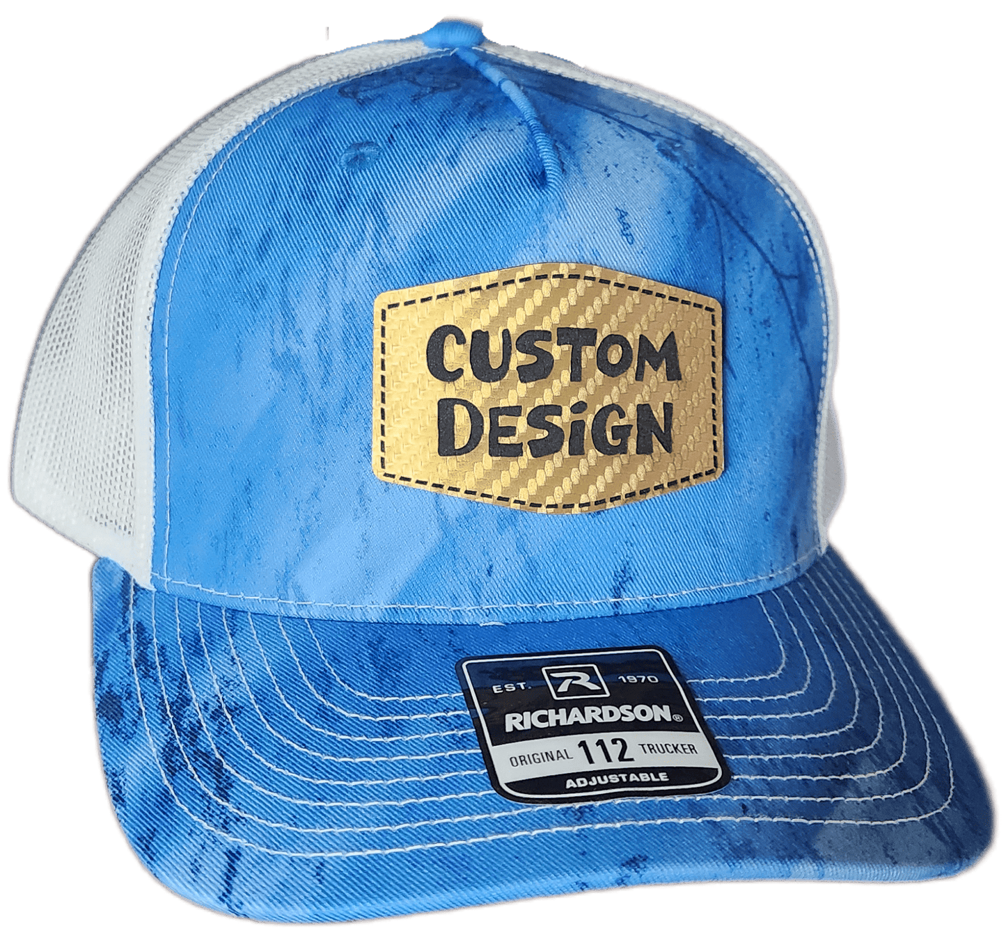 Custom Patch - Richardson 112PFP Printed Five Panel Snapback - REALTREE FISHING LIGHT BLUE/WHITE - Smalltown Connetchin