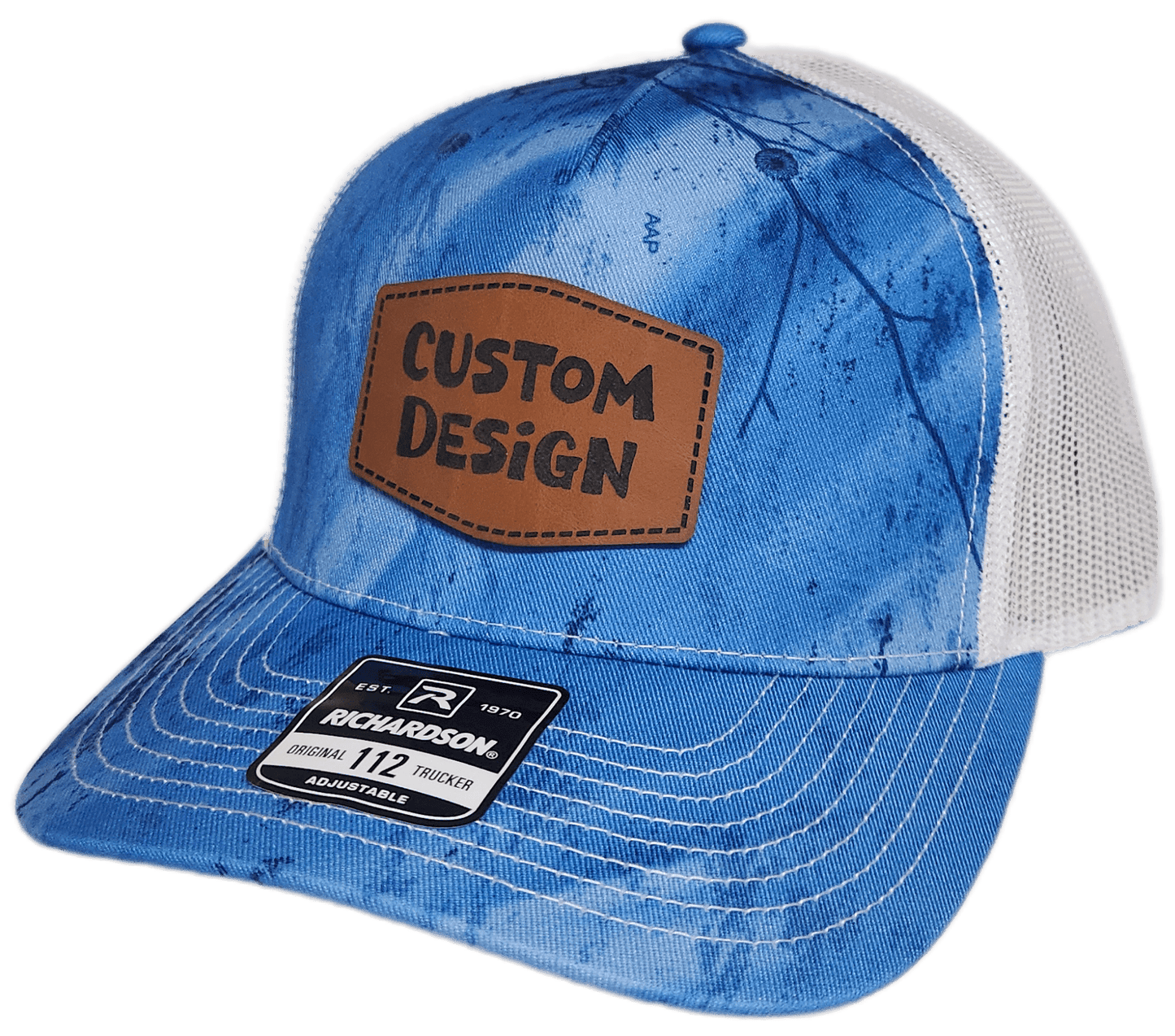 Custom Patch - Richardson 112PFP Printed Five Panel Snapback - REALTREE FISHING LIGHT BLUE/WHITE - Smalltown Connetchin