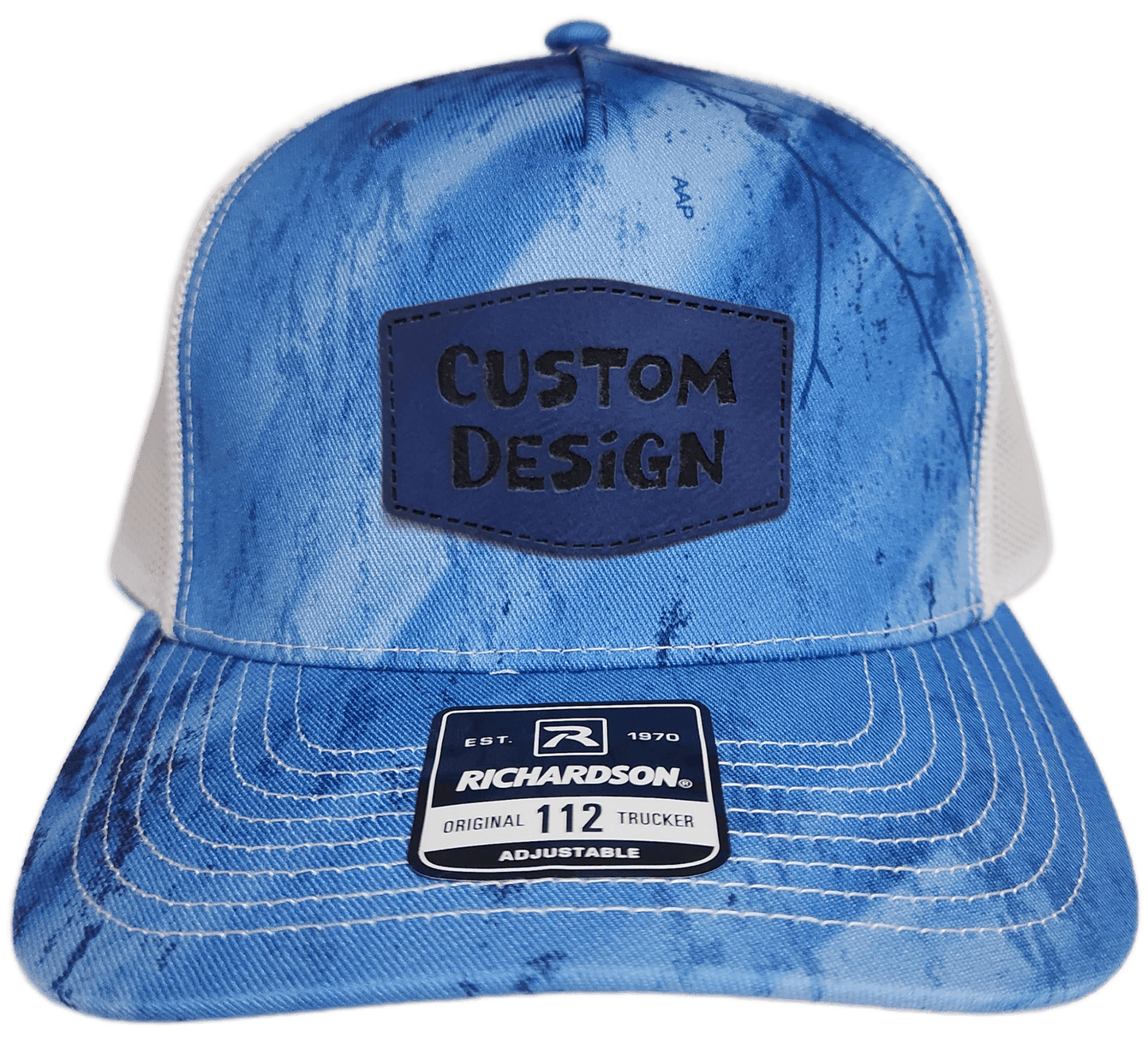 Custom Patch - Richardson 112PFP Printed Five Panel Snapback - REALTREE FISHING LIGHT BLUE/WHITE - Smalltown Connetchin