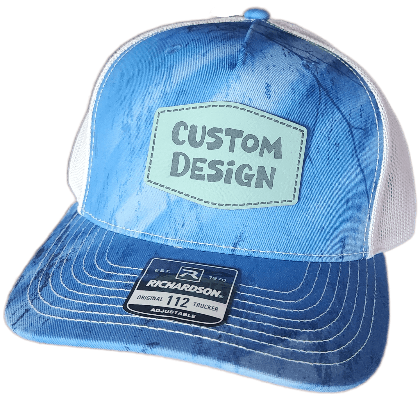 Custom Patch - Richardson 112PFP Printed Five Panel Snapback - REALTREE FISHING LIGHT BLUE/WHITE - Smalltown Connetchin
