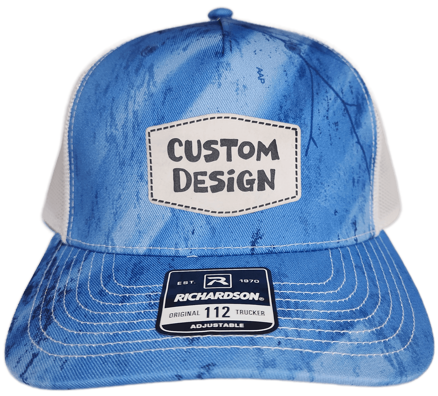 Custom Patch - Richardson 112PFP Printed Five Panel Snapback - REALTREE FISHING LIGHT BLUE/WHITE - Smalltown Connetchin