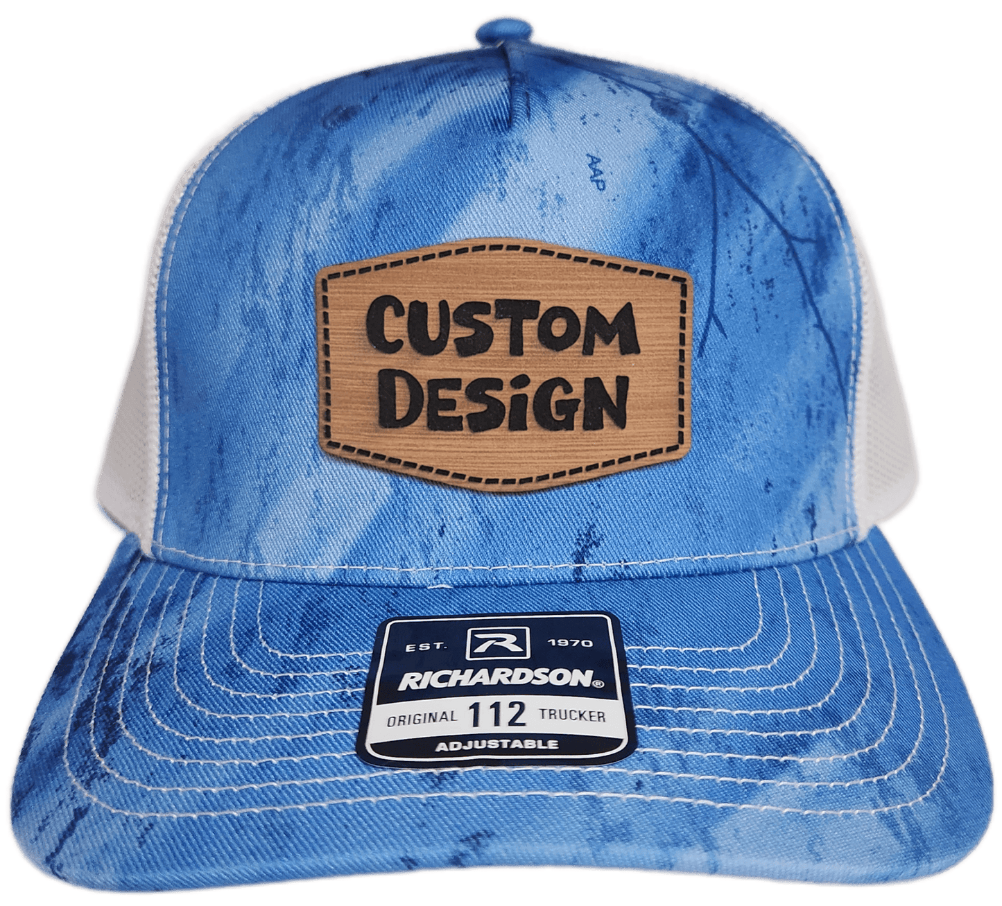 Custom Patch - Richardson 112PFP Printed Five Panel Snapback - REALTREE FISHING LIGHT BLUE/WHITE - Smalltown Connetchin