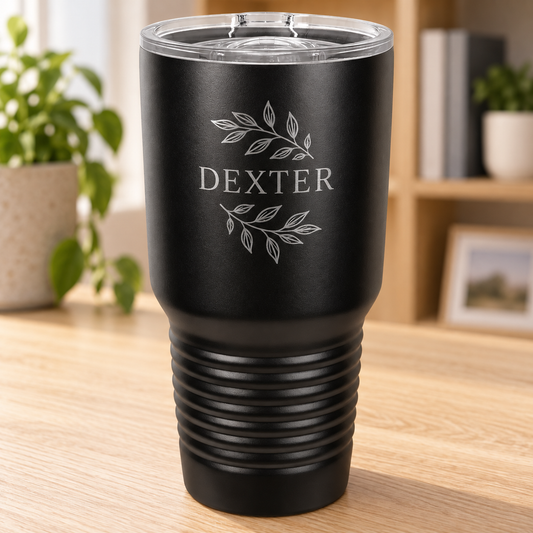Blackout 30 oz ringneck tumbler with silver DEXTER leaf engraving and clear slider lid.