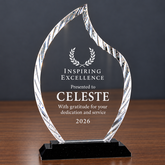 8-inch clear Flame glass award on black base with sample Celeste engraving