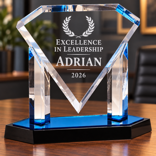 9.5-inch blue Floating Diamond acrylic award with sample Adrian engraving
