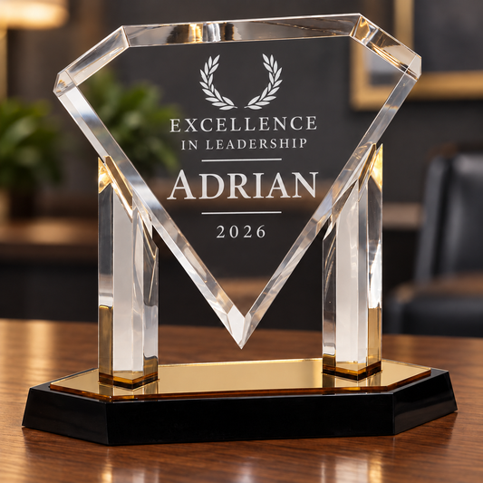 9.5-inch gold Floating Diamond acrylic award with sample Adrian engraving