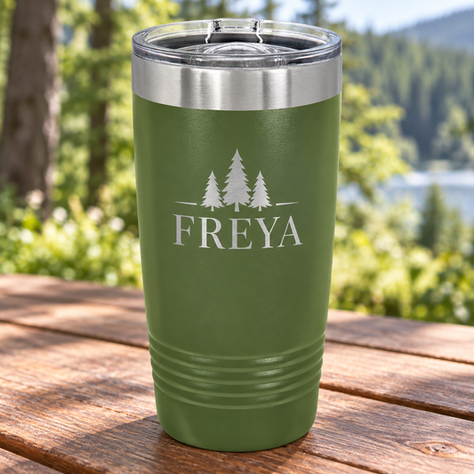 Olive Green 20 oz ringneck tumbler with silver FREYA forest engraving and clear slider lid.