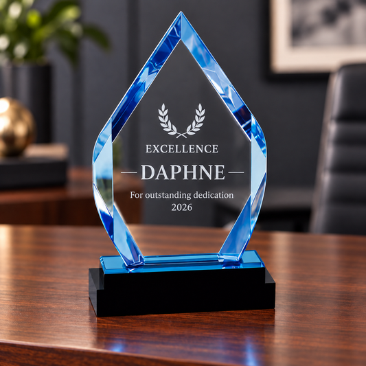 Blue Fusion Diamond acrylic award with sample Daphne engraving