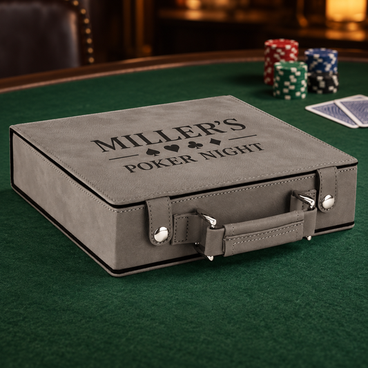 A gray faux-leather poker case with 'MILLER'S POKER NIGHT' printed on the lid, placed on a green felt poker table with poker chips and cards nearby.