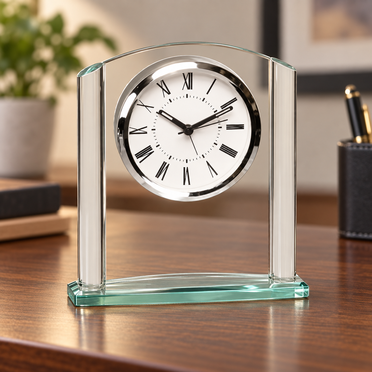 Personalized Clear & Jade Glass Desk Clock — Clear/Jade- Arch — optimized product photo