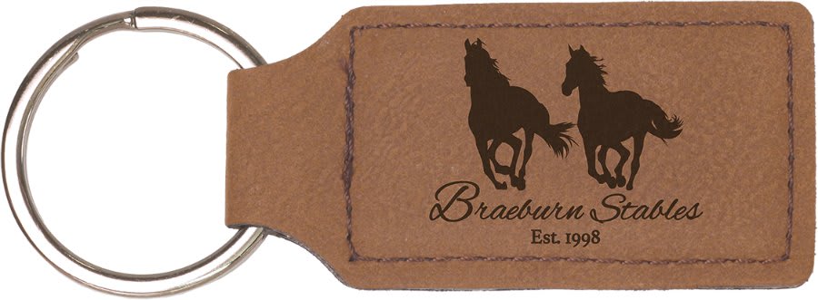 Dark Brown personalized rectangle leatherette keychains with example engraving