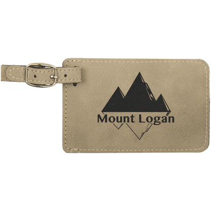 Light Brown personalized leatherette luggage tags with example engraving