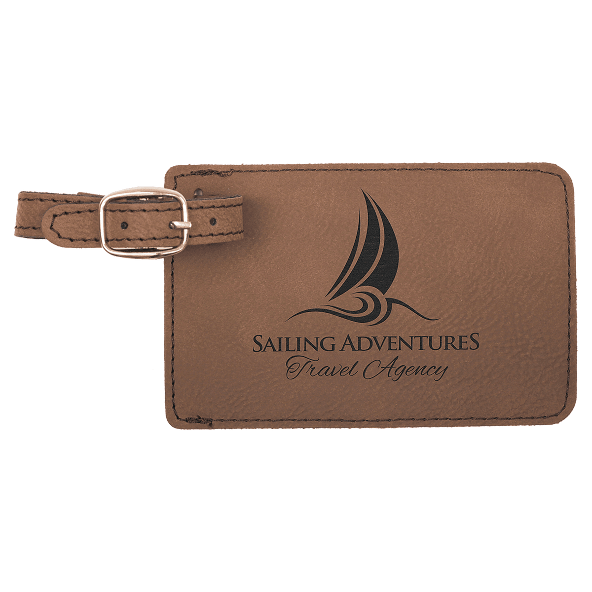 Dark Brown personalized leatherette luggage tags with example engraving