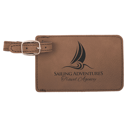 Dark Brown personalized leatherette luggage tags with example engraving