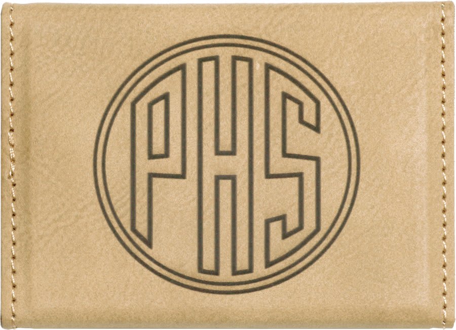 Light Brown personalized leatherette business card cases with example engraving