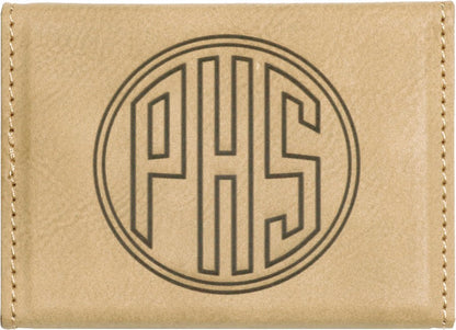 Light Brown personalized leatherette business card cases with example engraving