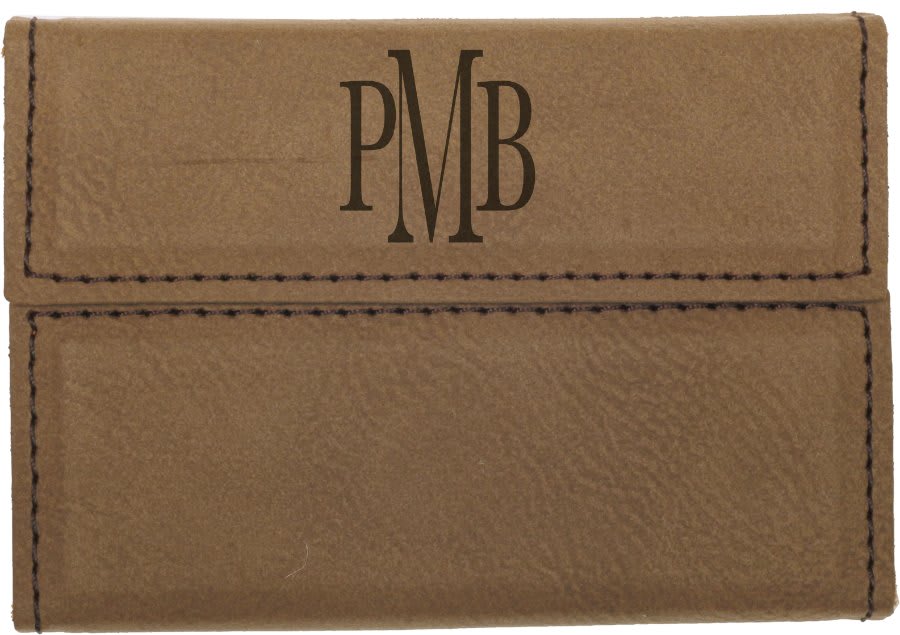 Dark Brown personalized leatherette business card cases with example engraving