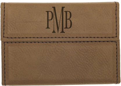 Dark Brown personalized leatherette business card cases with example engraving