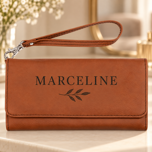 Personalized RFID Wallet with Wrist Strap | Engraved Leatherette — Rawhide — MARCELINE personalized example