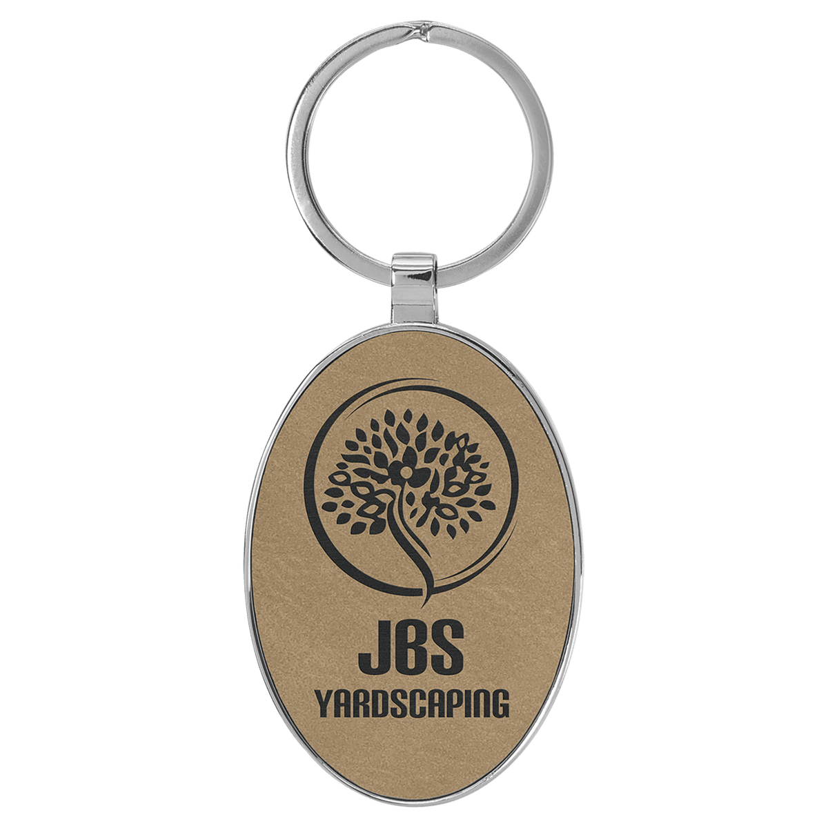 Light Brown personalized metal-frame oval leatherette keychains with example engraving