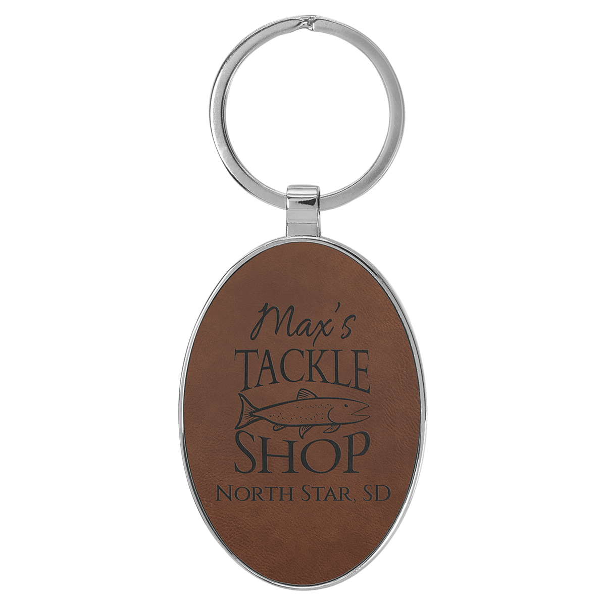 Dark Brown personalized metal-frame oval leatherette keychains with example engraving