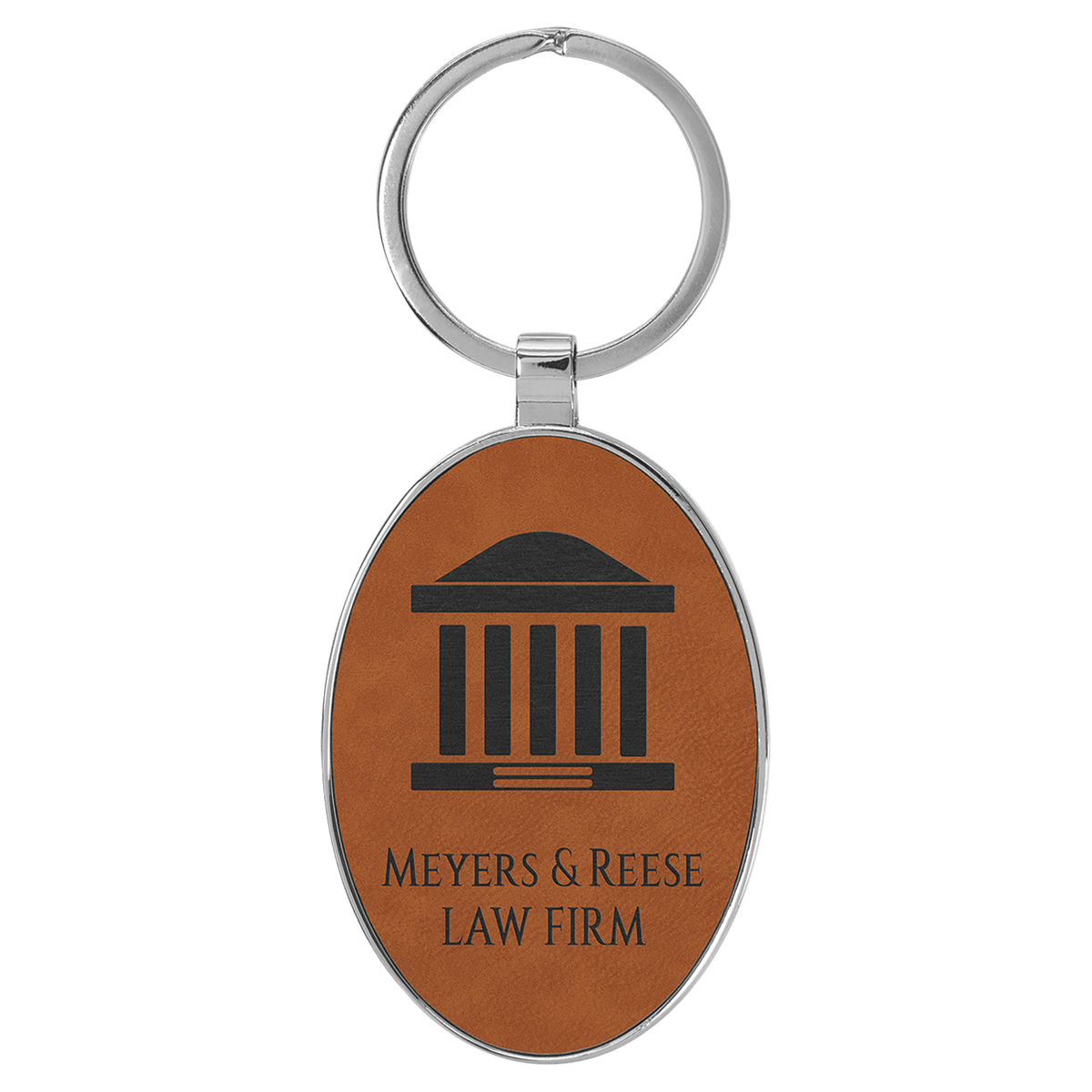 Rawhide personalized metal-frame oval leatherette keychains with example engraving