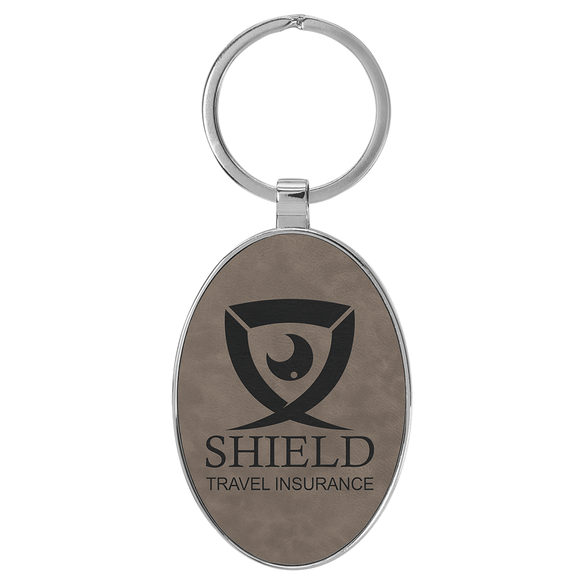 Gray personalized metal-frame oval leatherette keychains with example engraving