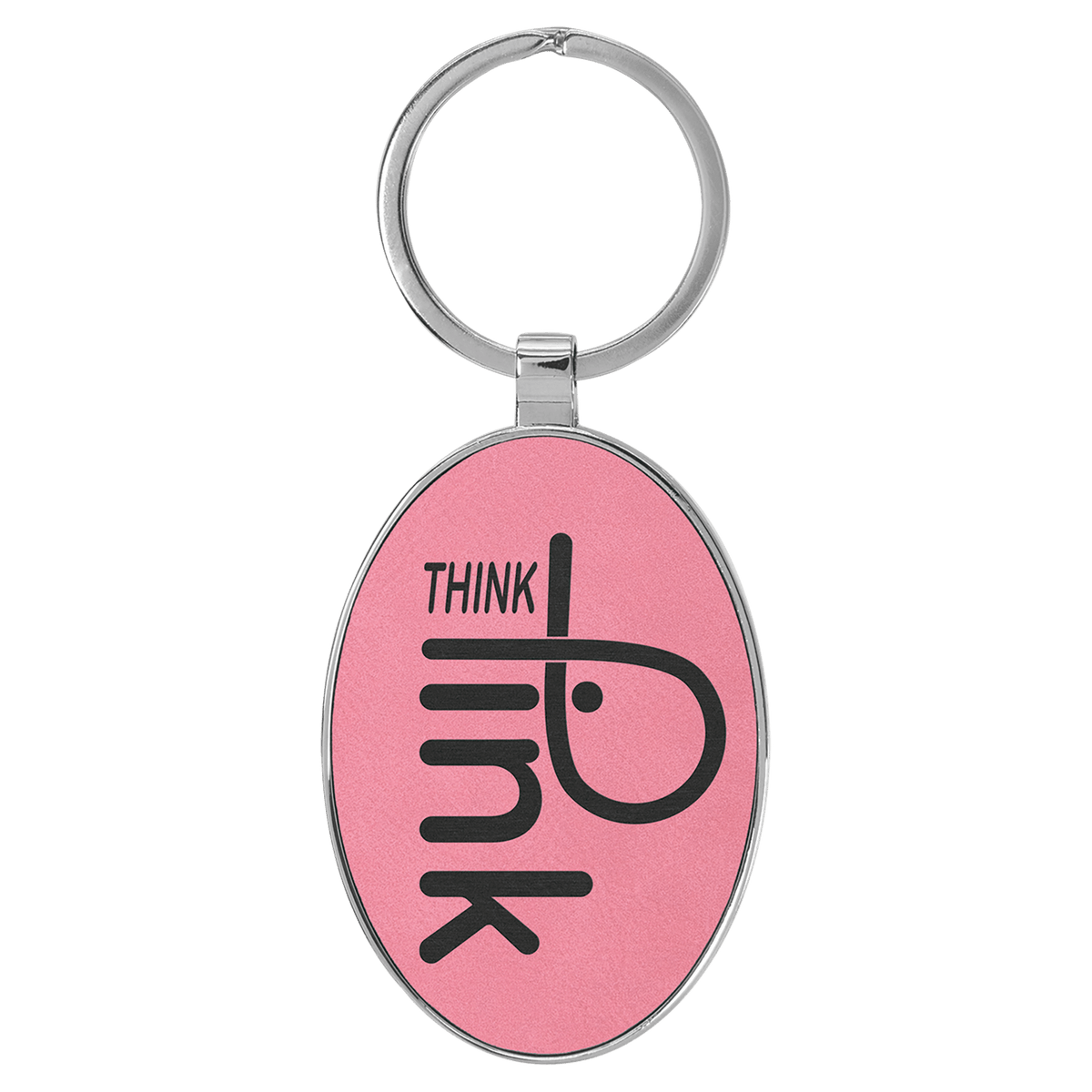 Pink personalized metal-frame oval leatherette keychains with example engraving