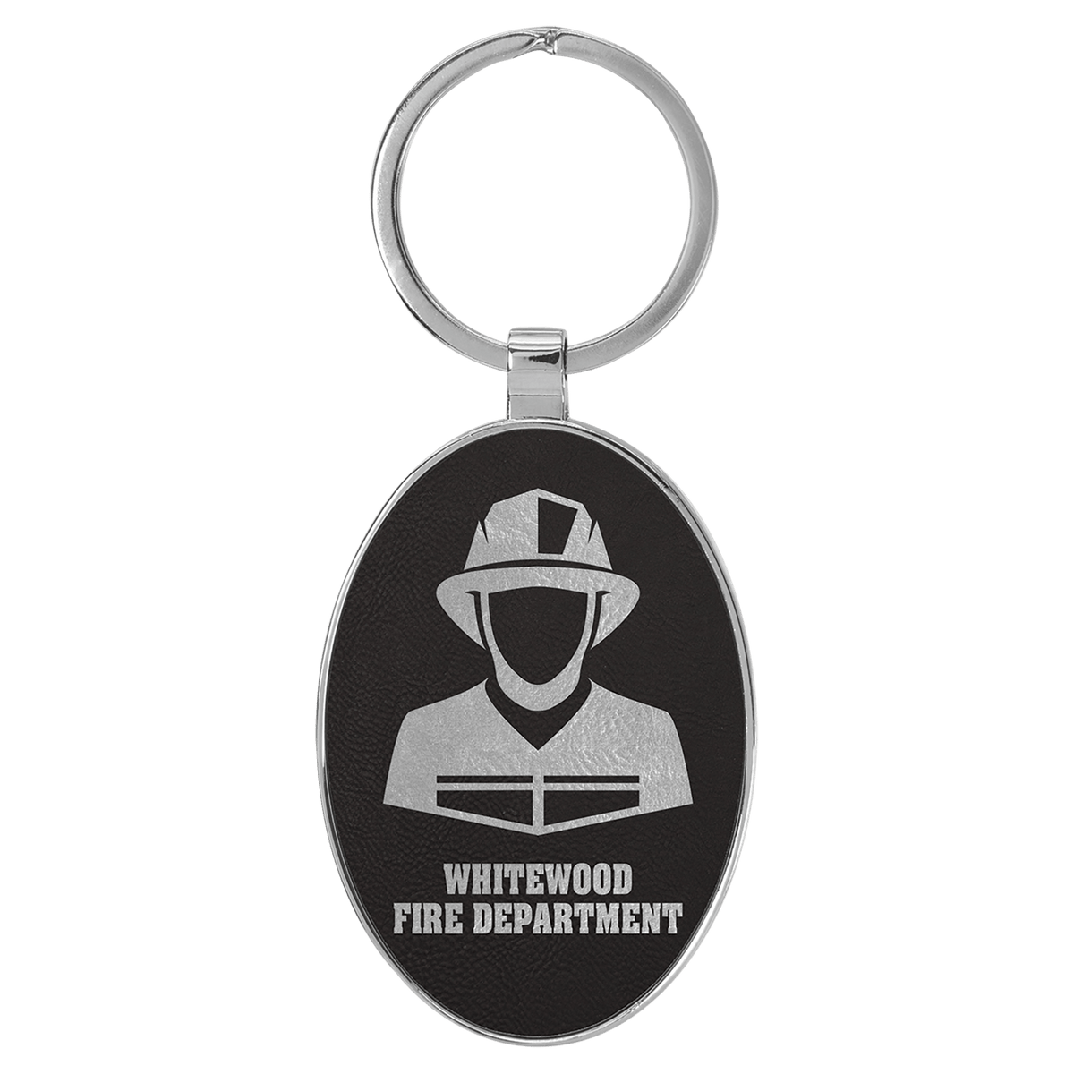 Black/Silver personalized metal-frame oval leatherette keychains with example engraving