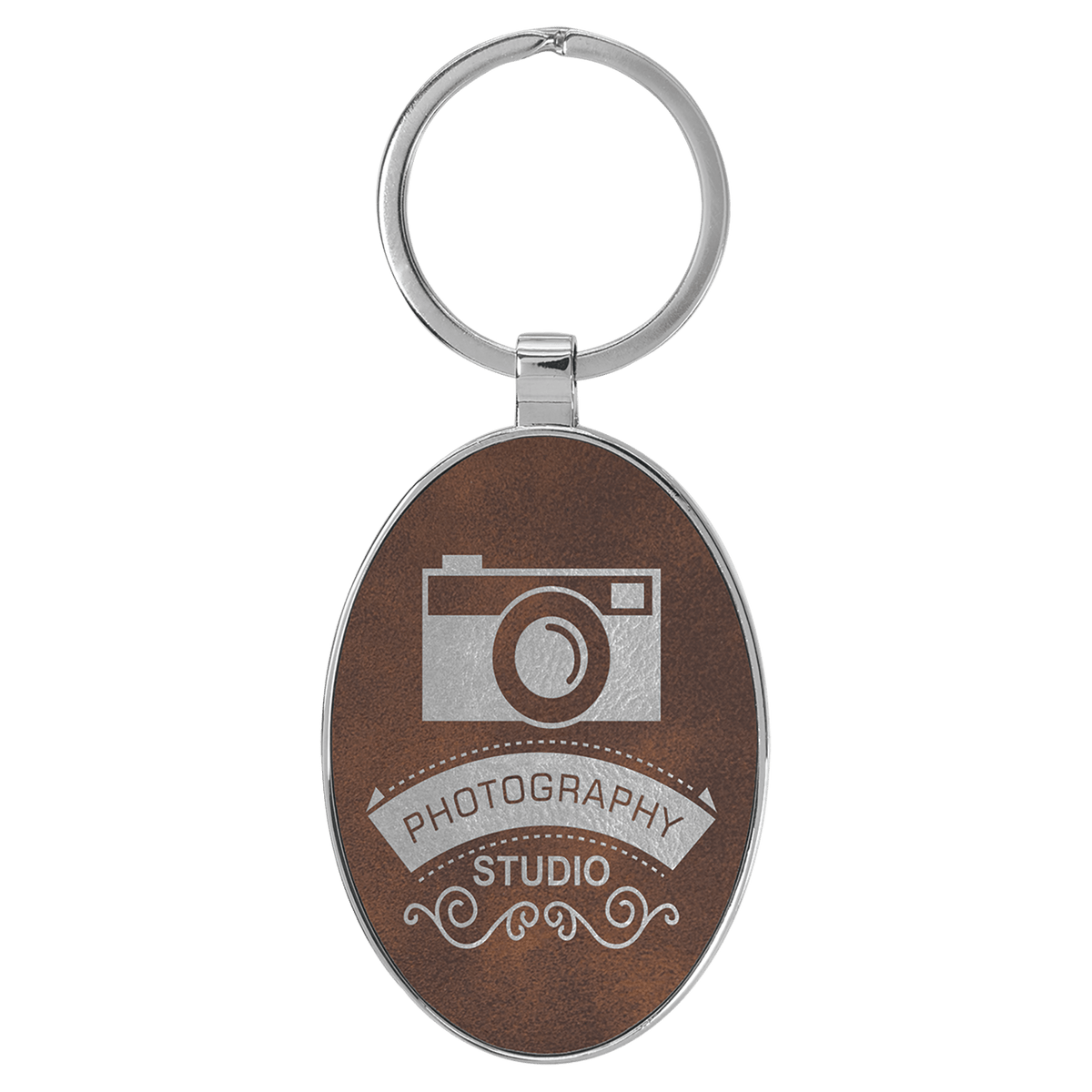 Rustic/Silver personalized metal-frame oval leatherette keychains with example engraving