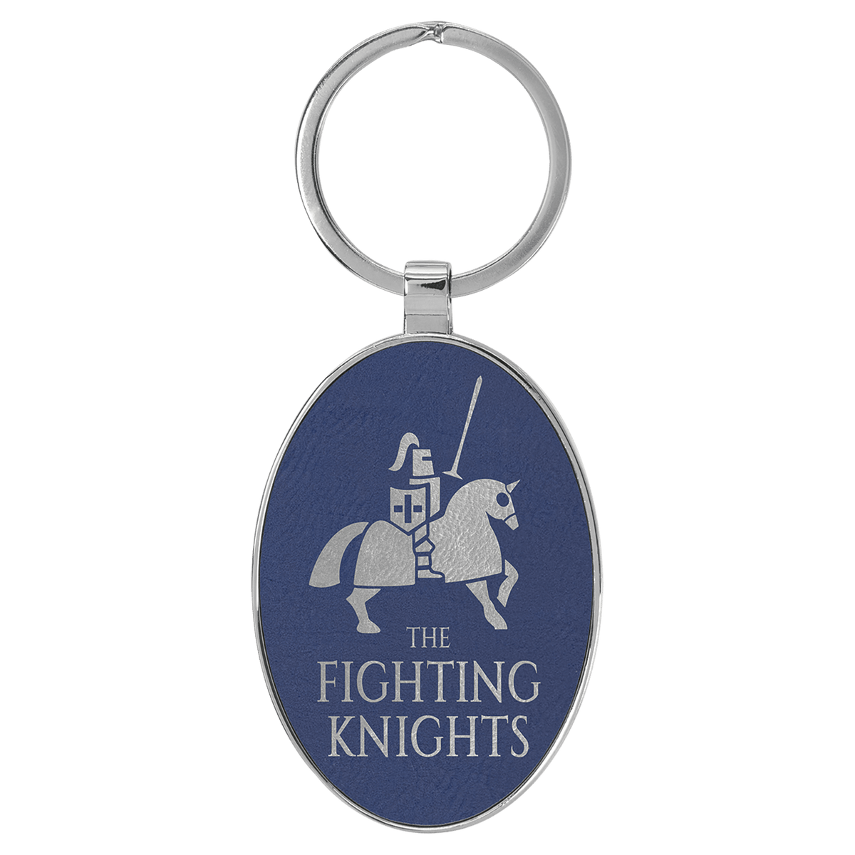 Blue/Silver personalized metal-frame oval leatherette keychains with example engraving